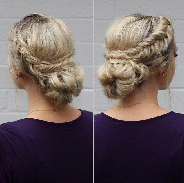 dutch fishtail braids wrapped around a messy bun